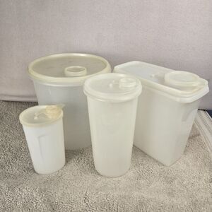 Lot 4 Vintage 1970s Tupperware Pick-A-Deli Cereal Storer Canister Set White